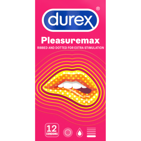 Bao Cao Su Durex Pleasuremax Hộp 12 Cái có gân và gai chấm nổi được thiết kế đặc biệt, hướng đến cảm nhận của nàng.