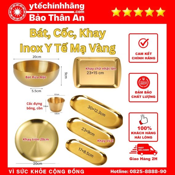 Dụng Cụ Spa Y Tế Inox Mạ Vàng - Bát, Cốc, Khay Chữ Nhật, Khay Oval, Khay Hình Tròn