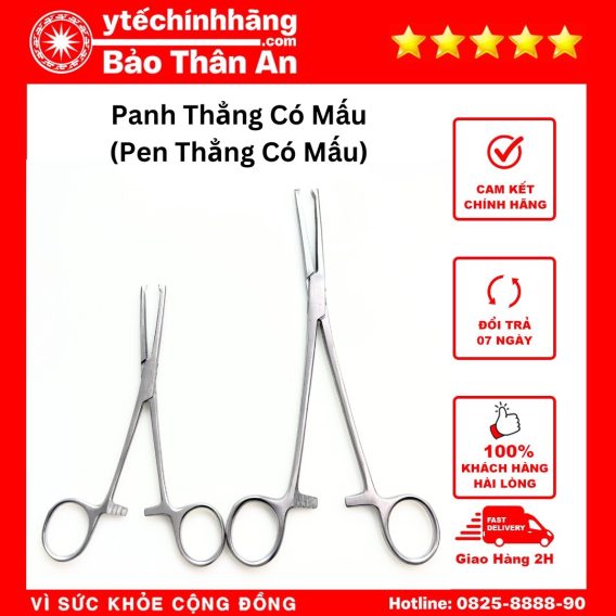 Panh Thẳng Có Mấu là dụng cụ Panh được thiết kế thân đầu thẳng và 2 đầu kẹp có mấu, tay cầm có khóa 3 nấc để tăng giảm độ kẹp giữ bông gòn cho phù hợp có kết cấu tốt, vừa tay cầm, đảm bảo sự bền chắc trong quá trình sử dụng và độ linh hoạt tốt khi thao tác.